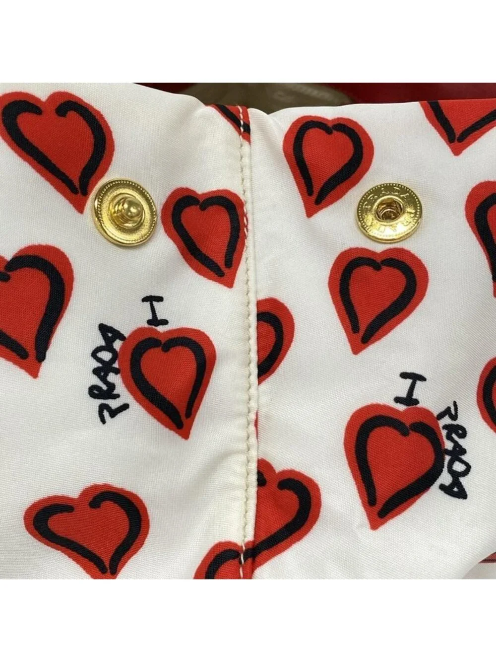 Prada Tote Ivory Red Black Heart Pattern Ribbon Leather - Picture 14 of 15